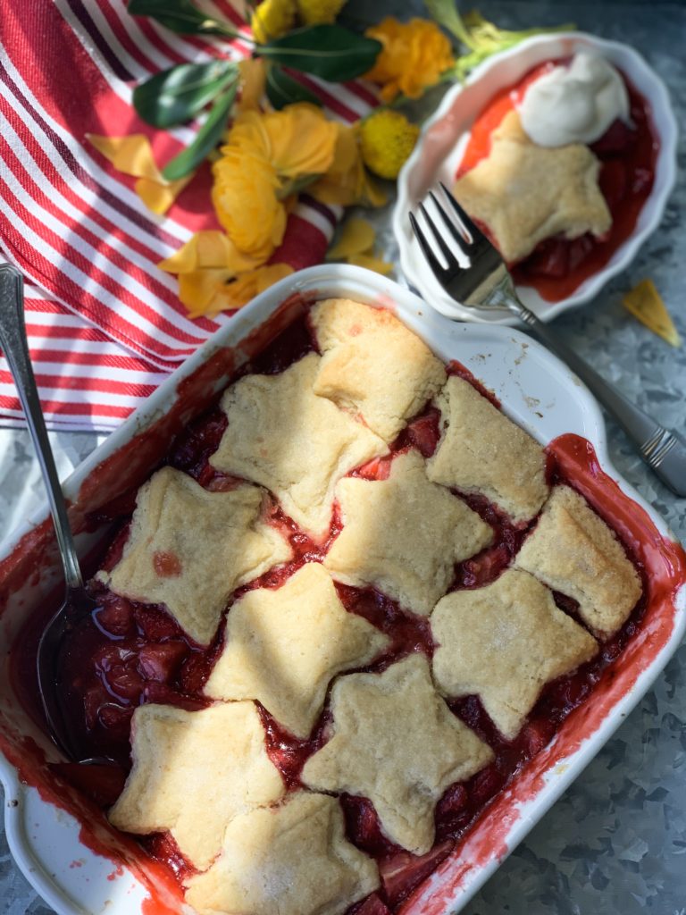 Summer Strawberry Cobbler with Vanilla Shortbread Biscuits

